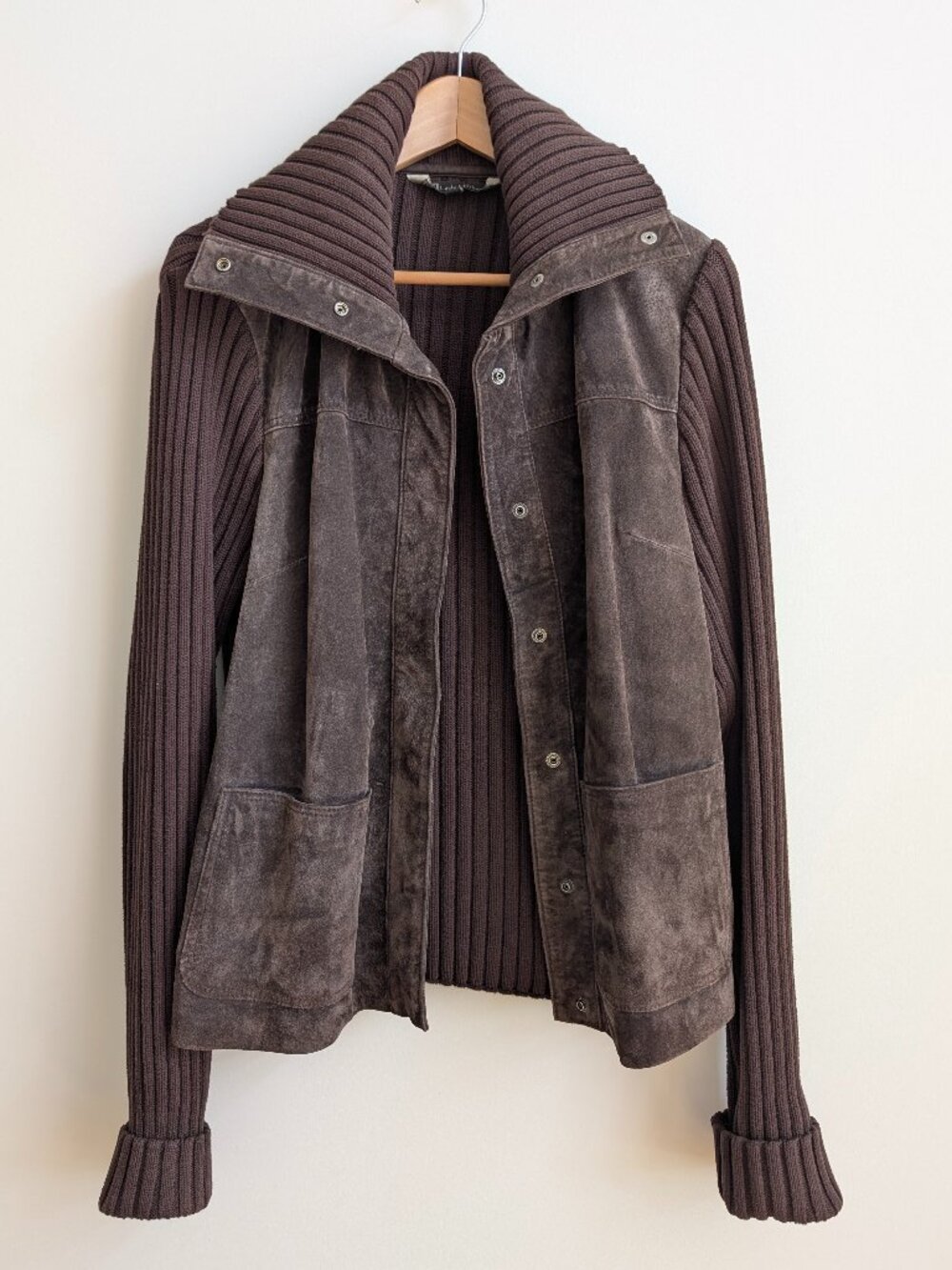 Lady Hathaway suede leather front Large sweater jacket dark chocolate brown